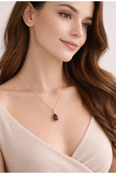 Larezo Colier Din Argint 925 Placat Cu Aur, Pandantiv Cu Cristal Violet Mare,...