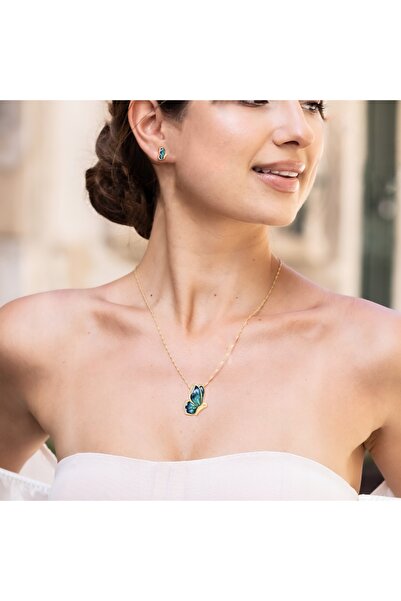 Larezo Set Bijuterii Placat Cu Aur, Colier Si Cercei In Forma De Fluture Noro...