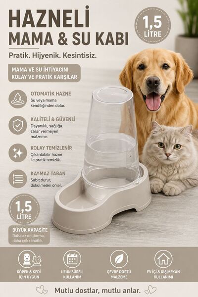 Funny Life 1,5 Litre Otomatik Hazneli Kedi Köpek Mama ve Su Kabı – Büyük Kapa...
