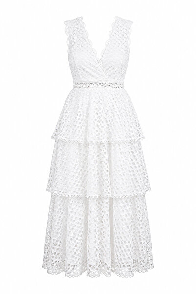 Julidress Lace Detailed V-Neck Flounce Premium Layered Dress