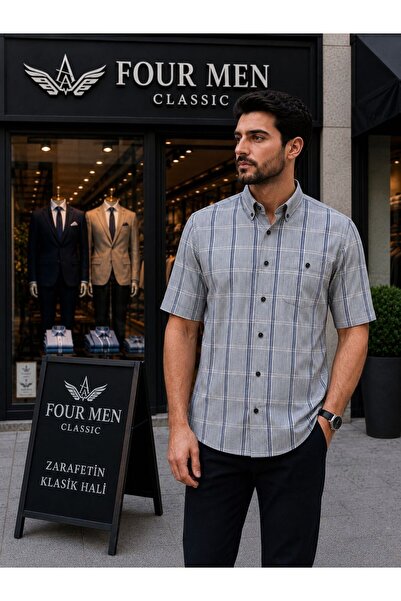 GÖMLEK GALERİSİ Men's Classic Wide Cut Plaid Cotton Short Sleeve Shirt