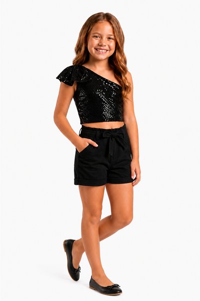 THEQUEST Black Sequin, One-Shoulder, Bow Detail, Party Combination, Special Occasion Outfit Crop Blouse