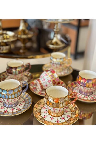 BY.RAYKA PORSELEN El Dekor Stained Glass Porcelain Hand Painted 6 Cup Set