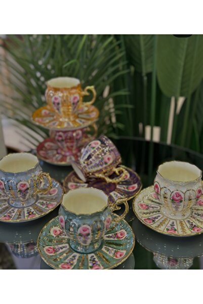 BY.RAYKA PORSELEN El Dekor Nevres Porcelain Hand Painted 6 Cup Set