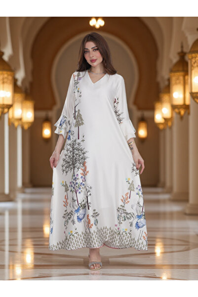 Finelook Ivory Botanical Printed Modest Dress with Flared Sleeves – Elegant E...
