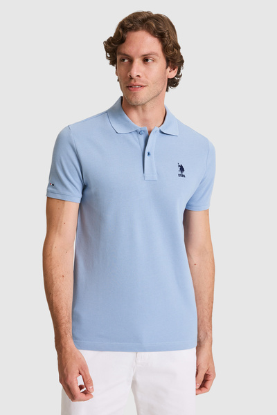 U.S. Polo Assn. تي شيرت رجالي ذو قصة ضيقة وياقة بولو باللون الأزرق الأساسي 50...