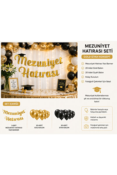 Dizayn Parti Evi 2026 Mezuniyet Hatırası Parti Süsleme Seti Gold Siyah | 40 B...