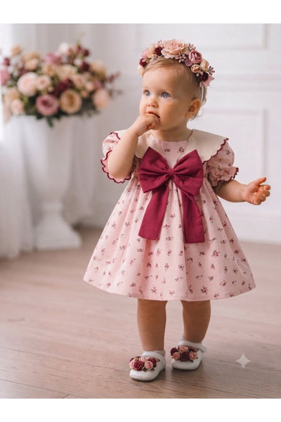 Momercy Kız Bebek Elbise Büyük Fiyonklu Çıtır Çiçekli Bebe Yaka
