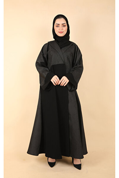 Stylish Fashion عباية من ستايلش فاشن بأزرار باللون الأسود بجاكار مشجر