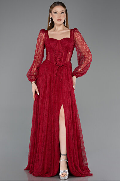 Hot Contact Long Sleeve Slit Corset Detail Lace Evening Dress 5154