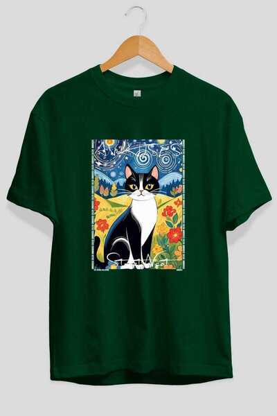 Ankhises Μπλουζάκι  "For the Love of Cats " με 78 στάμπες γάτας, πράσινο, ove...
