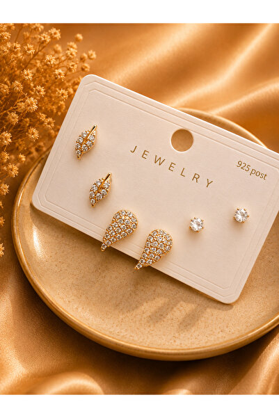 JAMMY JEWERLY Gold Renk Zirkon Taşlı Çoklu Küpe Seti – 3 Çift Küpe Kombini