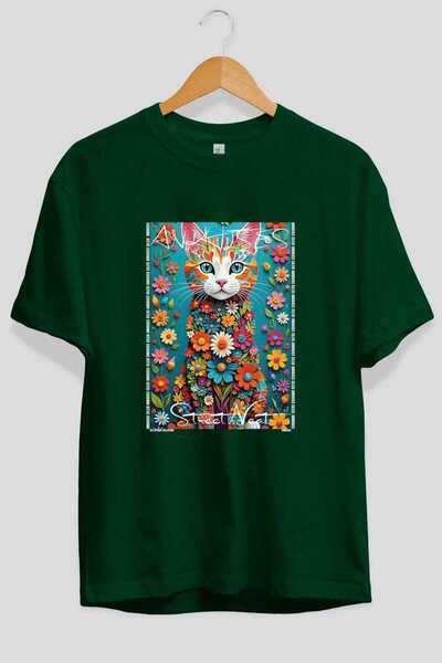 Ankhises For the Love of Cats 7 Front Cat Printed Green Oversize T-Shirt 100%...