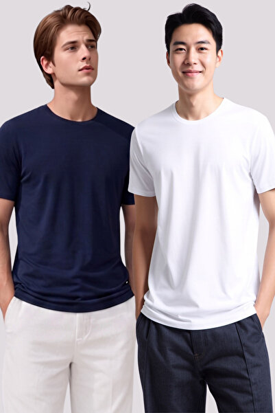 Loule Men's 2-Piece Crew Neck Short Sleeve Cotton Modal Basic T-Shirt - Breat...