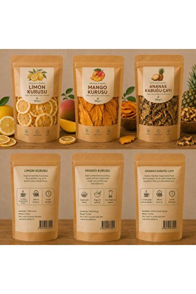 Kuru Gıdacı Limon Kurusu -Mango Kurusu - Ananas kabuğu Çayı 100gx3 -Vegan Şek...