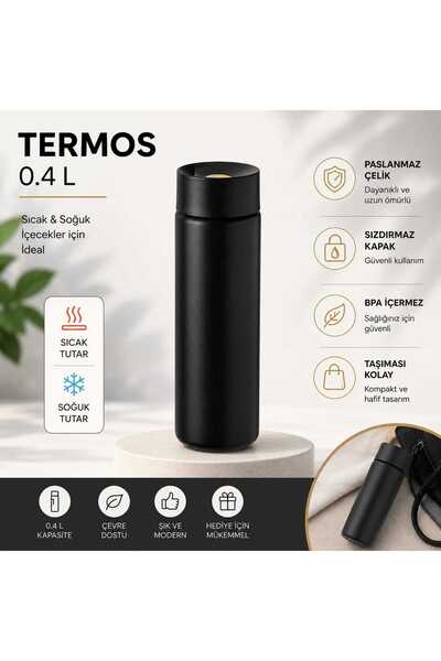 HoneyTrendy Paslanmaz Çelik Termos 0,4 Litre - Siyah
