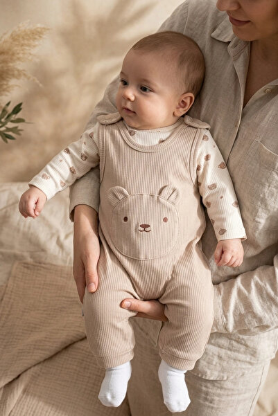 Babydonat Ayıcık Figürlü Kahve Fitilli Salopet ve Desenli Body Çorap Hediyeli...