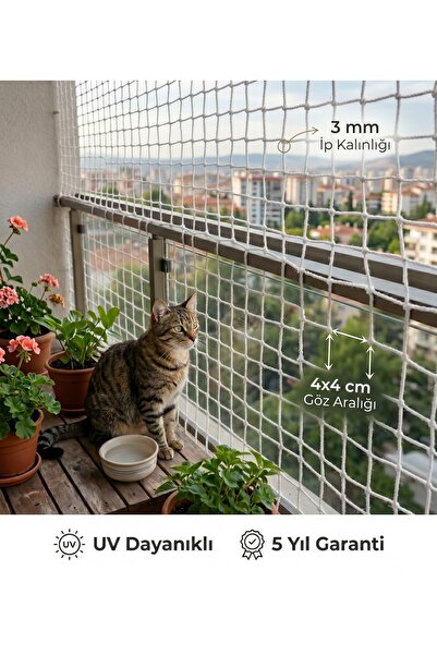 GüneyBey File Kedi Balkon Filesi | 1,5 x 3 Metre | Beyaz | 3 mm İp, 4x4 cm Gö...
