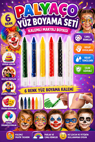 Tamsena Store 6'lı Palyaço Yüz Boyama Seti 6 Renk Kalemli Yüz ve Kostüm Makya...