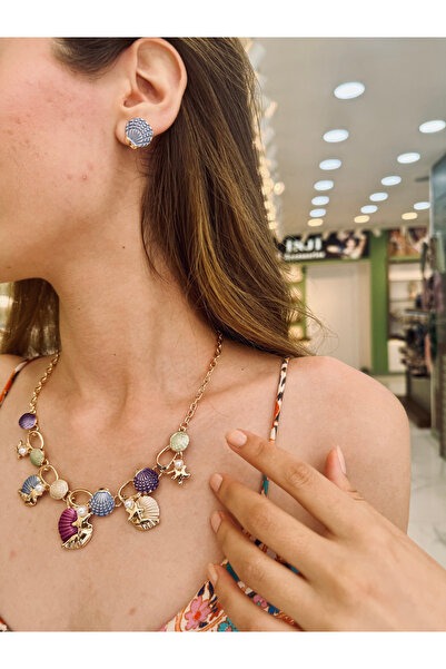 İnji Aksesuar Deniz Kabuğu Temalı Altın Kaplama Charm Kolye & Küpe Set