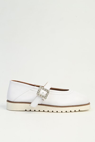 Pierre Cardin Women's White Stone Buckle Thick Sole Ballerinas