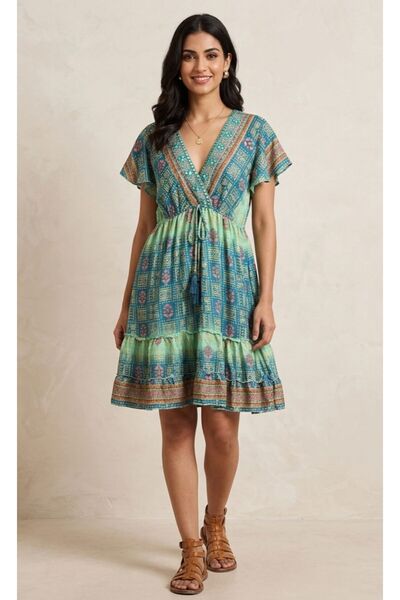 moda gk Shiny Patterned Bohemian Silk Dress with Bead/Embroidery Detail