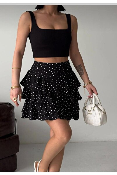 vipelmoda Polka Dot High Waist Crinkled Fabric Ruffled Mini Skirt