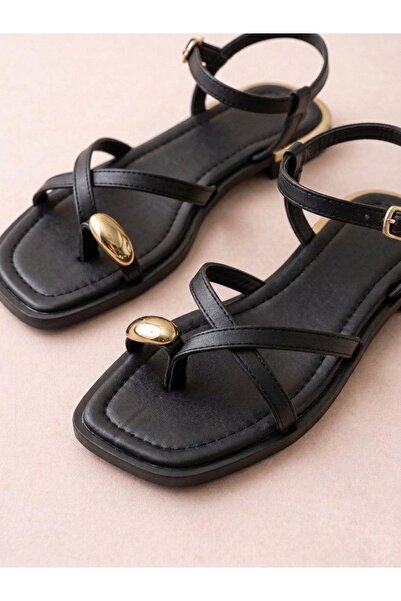 RMY SHOES Women's Black Flip-Flop Sandals with Stone Detail and Ankle Buckle ...
