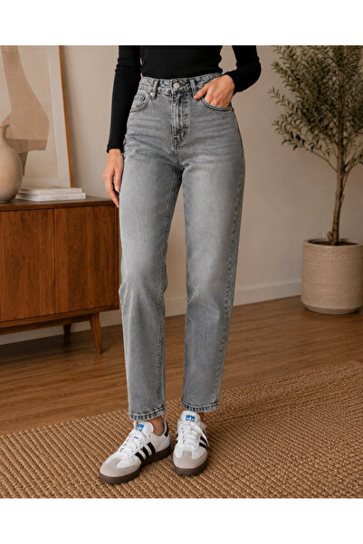 ZÉRIA Kadın Gri Mom Fit Jean Yüksek Bel Rahat Kalıp Gri Yıkamalı Denim Pantolon