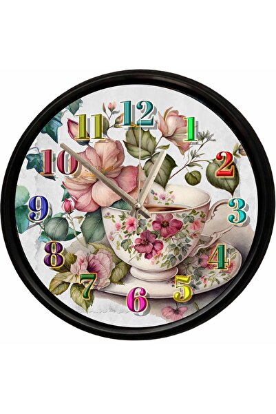 Caseras Floral Patterned Porcelain Cup Themed Decorative Wall Clock 28 cm Sil...