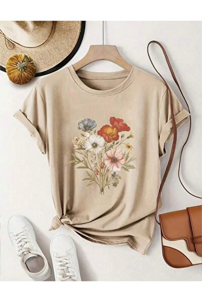 Oceanwear Floral Printed Women's Short Sleeve Plain Beige Tshirt