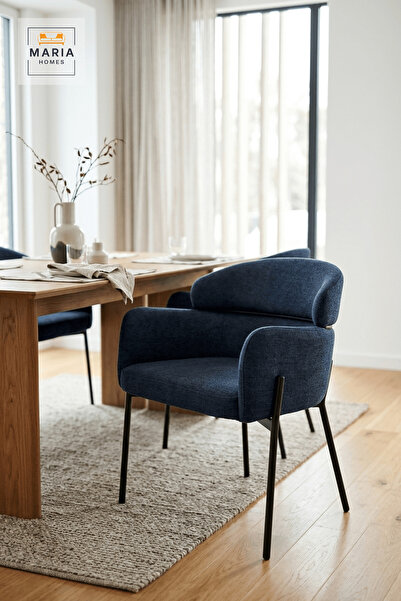 MARIA HOMES Dark Blue Upholstered Dining Chair with Black Metal Legs, Modern ...