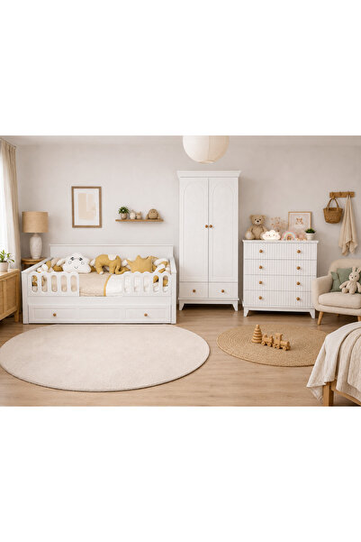 Koza %100 MDF Bohem 2 Kapılı Bebek & Çocuk Dolap & Bohem 4 Çekmeceli Şİfonyer & Bohem 90x190 cm Yavrulu Sedir Karyola