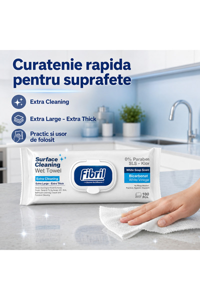 Fibril Servetele Umede pentru Curatarea Suprafetelor, Parfum Sapun Alb, cu Bicarbonat si Otet Alb, 100 Bucati, Extra Curatare