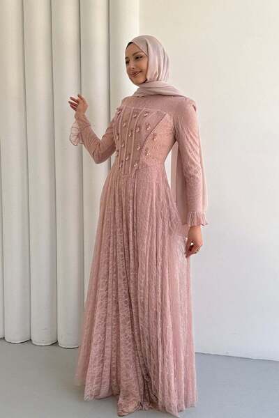 Modaensarbutik Mirella Dantel & Boncuk İşlemeli Korse Detaylı Tesettür Abiye-...
