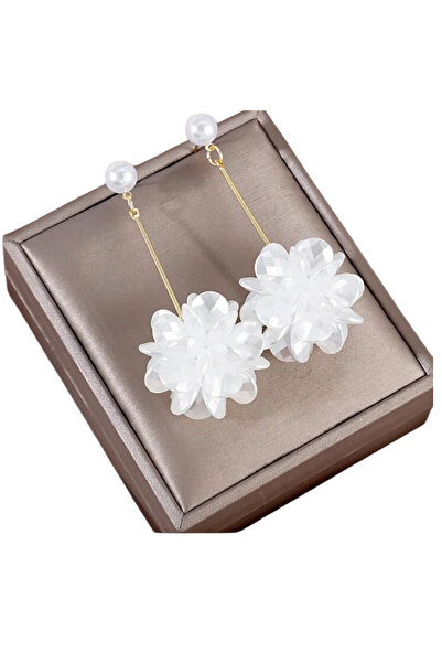 OEM Cercei cu petale din perle artificiale, albi, lungime 7cm, diametru floar...