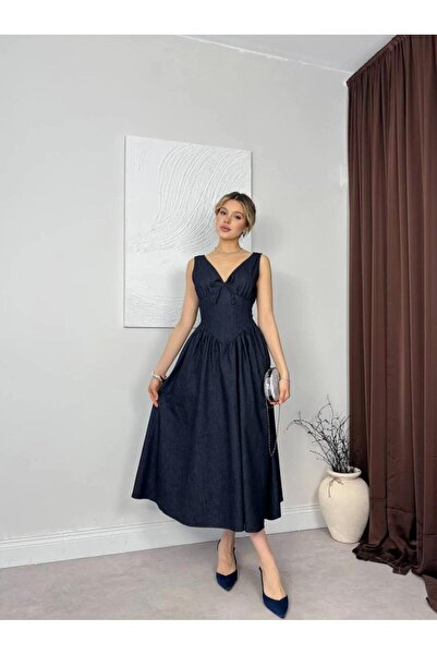 salome butik KADIN PİLELİ KORSAJ V YAKA MİDİ DENİM ELBİSE