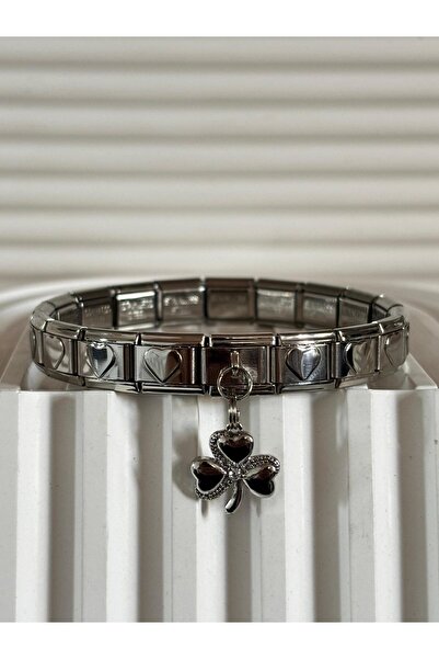 bijoux uniques سوار إيطالي على شكل قلب مع حلية على شكل نبات البرسيم