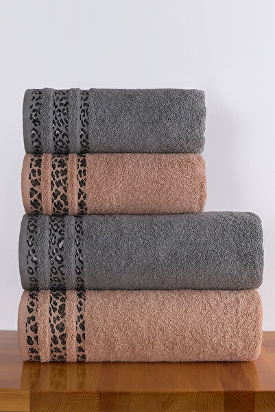 Zühre Home Set of 4 Leopard Patterned Border Towels |   2 Pcs 70X140 cm Bath ...