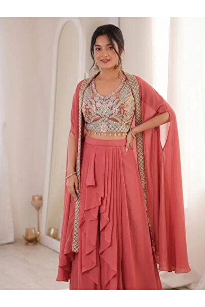 MYSMAR Peach Faux Georgette Embroidered Sharara Set with Cape Shrug - FFT8428...