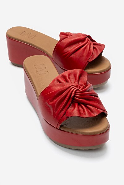 LuviShoes Jeff Red Skin Genuine Leather Bowknot Women's Wedge Heeled Slippers