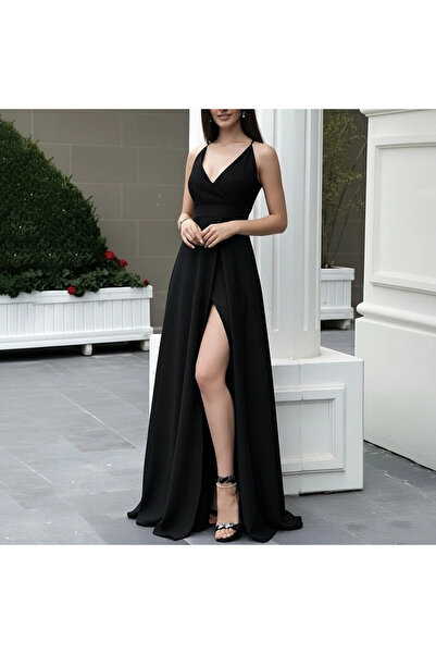 USLUCAN ALIŞVERİŞ Women's Rope Strap Deep Long Slit Detailed Local Crepe Long...