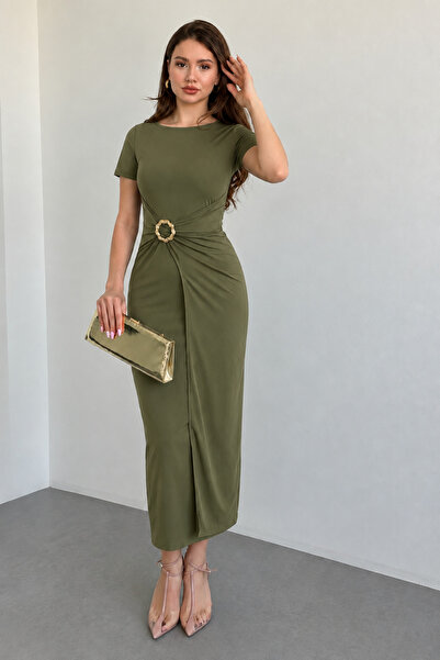 Nika Fashion Meloni Kısa Kollu Aksesuarlı Sandy Elbise