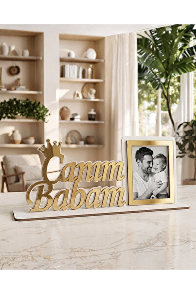 ih ihra Canım Babam Yazılı Altın Sarısı Aynalı Fotoğraf Çerçevesi - Taç Detay...