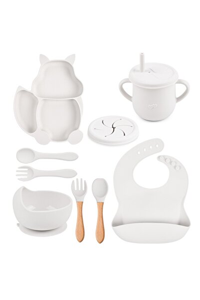 Rao Set hranire bebelusi 10 piese, silicon, ventuza, fara BPA, Alb