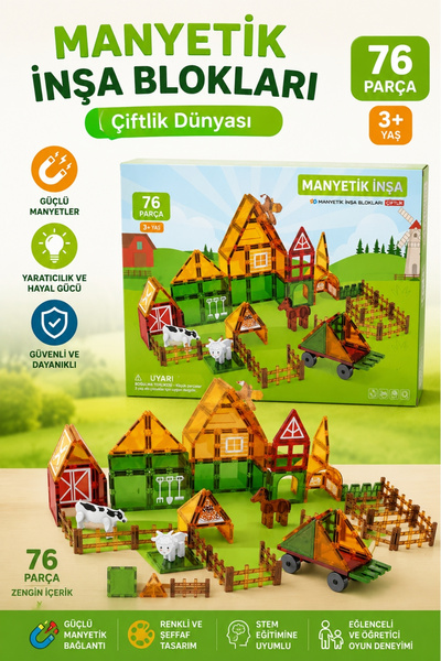 Toyaş 76 Parça Manyetik Blok Çiftlik Seti | STEM Eğitici Oyuncak | Manyetik İ...