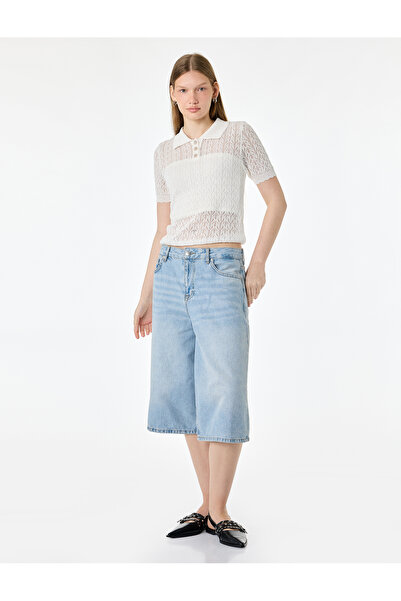 Koton Viscose Short Sleeve Polo Collar Openwork Knit Sweater