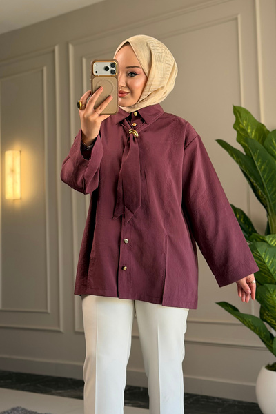Suede Style 6463 - Стилна, удобна дамска риза от тъкан прасковен плат с връзки