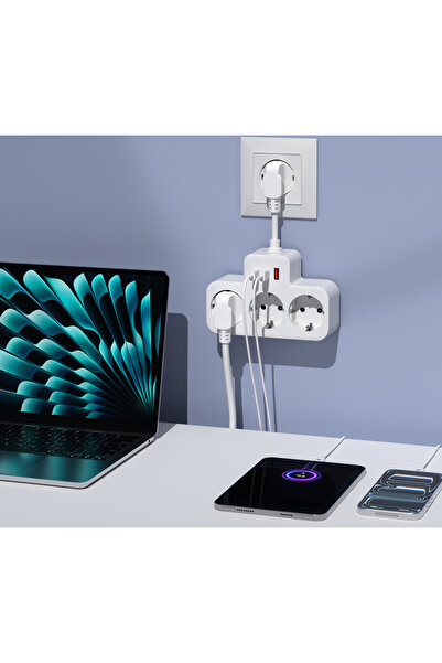 S-LINK PRZ07 Beyaz 3 Soketli 15mm 1 Usb 2 Type-C PD20W 1050 Joule Tam Bakır Kablolu Akım Korumalı Priz
