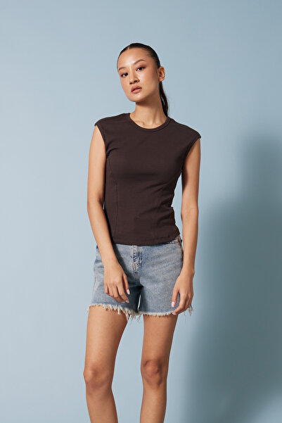 Nisan Cotton Top with Sewing Details Brown